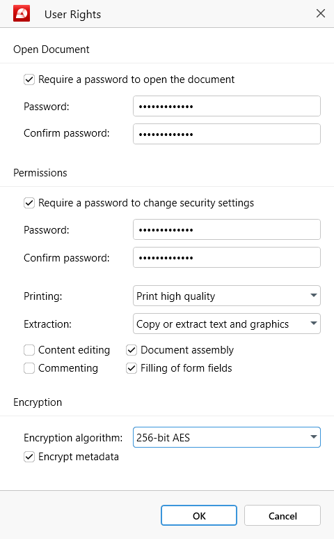 PDF Extra: the password management settings panel